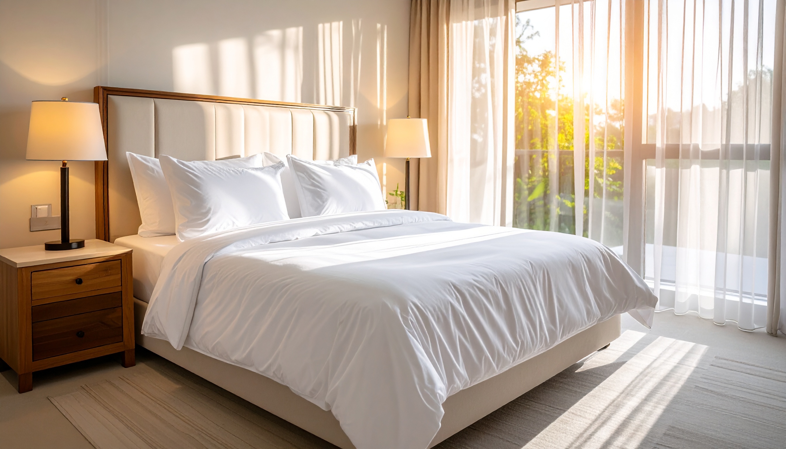 Quarto iluminado pela luz do sol com cama de casal elegante e roupas de cama brancas impecáveis, criando uma atmosfera serena e acolhedora. Luminárias simétricas em mesas de cabeceira de madeira adicionam um toque sofisticado ao design minimalista. Cortinas leves permitem a entrada suave da luz natural, realçando a tranquilidade do ambiente.